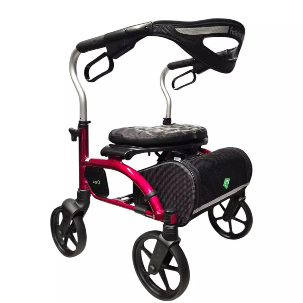 Red Evolution Xpresso Zero 4-wheel mobility walker with a lightweight aluminum frame.